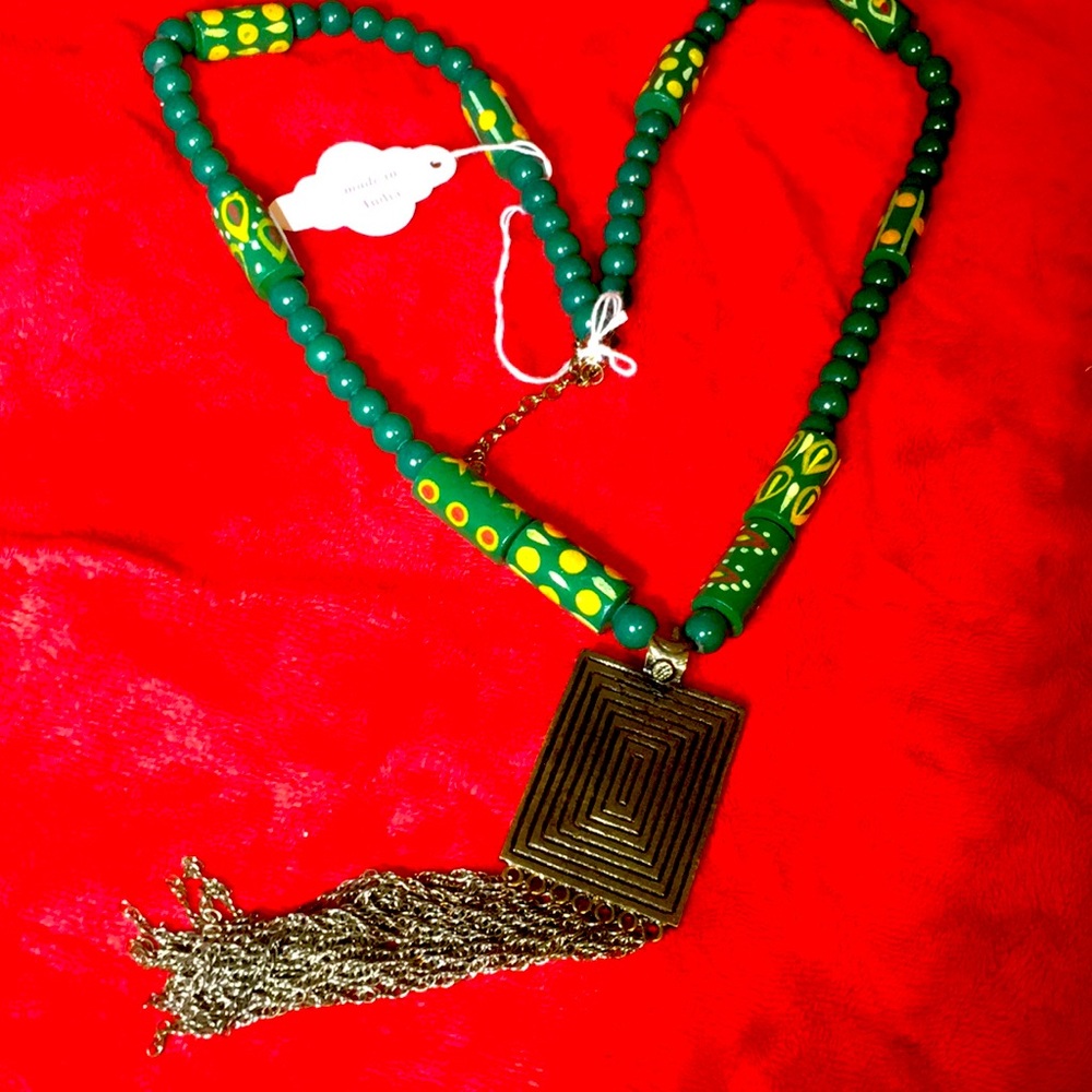 44” necklace. Hand painted wood w stone beads!
